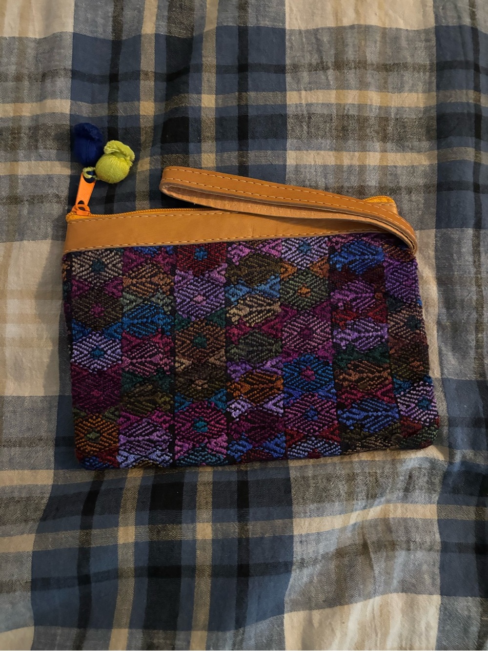 Handwoven Multi-Color Wristlet Clutch with Tan Trim